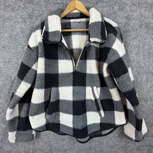 Old Navy 1/4 Zip Fleece Womens Large Black White Plaid Cozy Sherpa Outdoor
